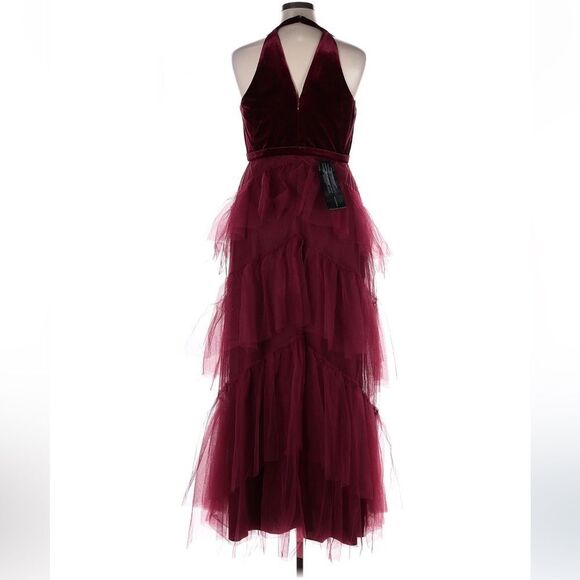 BCBGMAXAZRIA Keyhole Back Velvet & Tiered Tulle Dress, Cabernet Burgundy XL - Picture 3 of 6